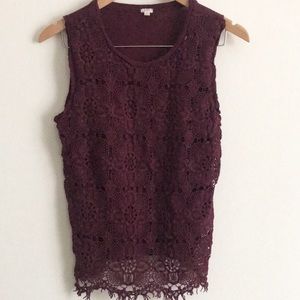 {J.Crew} Sz L Burgundy Lace Sleeveless Top EUC